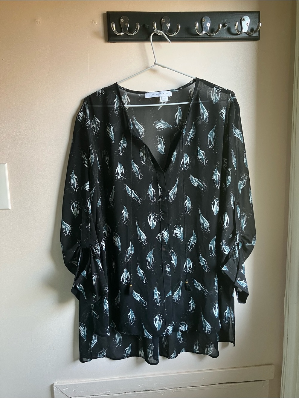 Melissa Nepton - Black Blouse with Teal-Blue Leaf Print